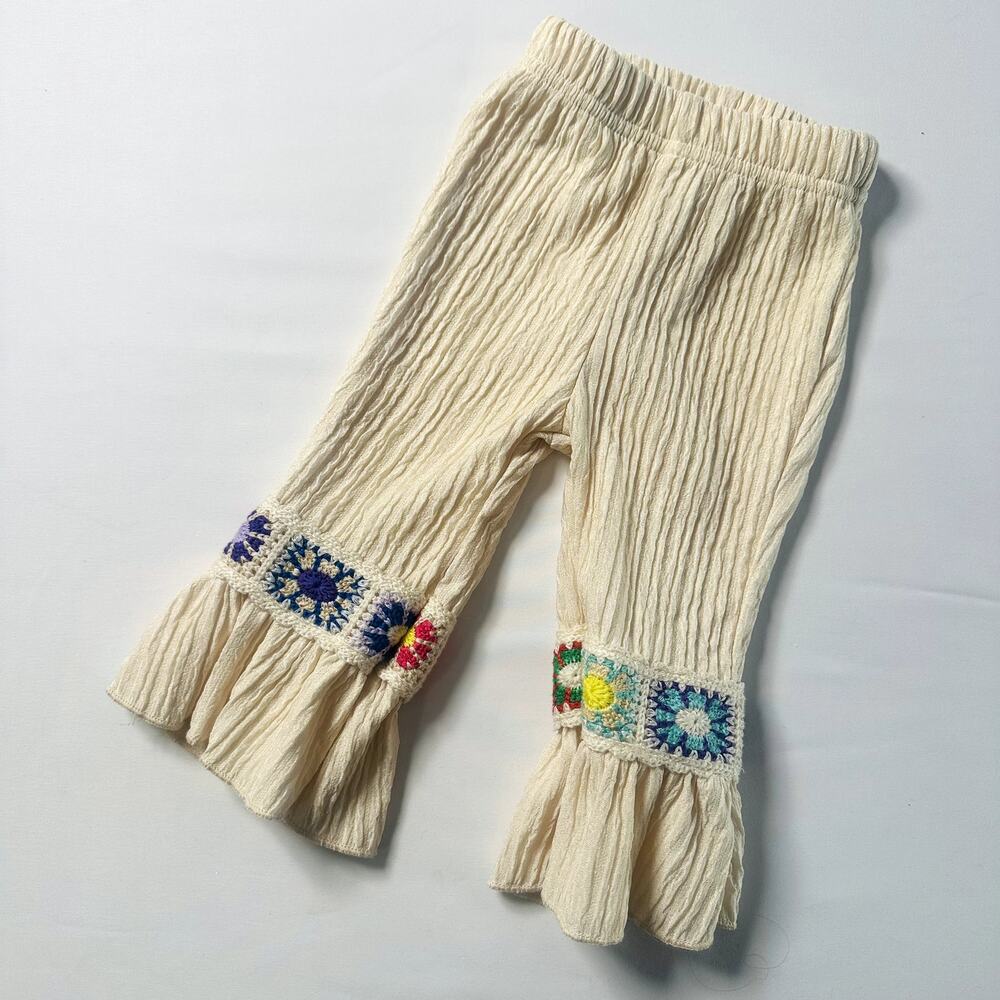 🌞LOWEST PRICE🌞 Boho Cream Bell Bottom Flare Floral Crochet Leggings Sz 6-9m